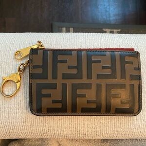 Fendi Logo & Red Leather Card Holder Keychain Wallet
